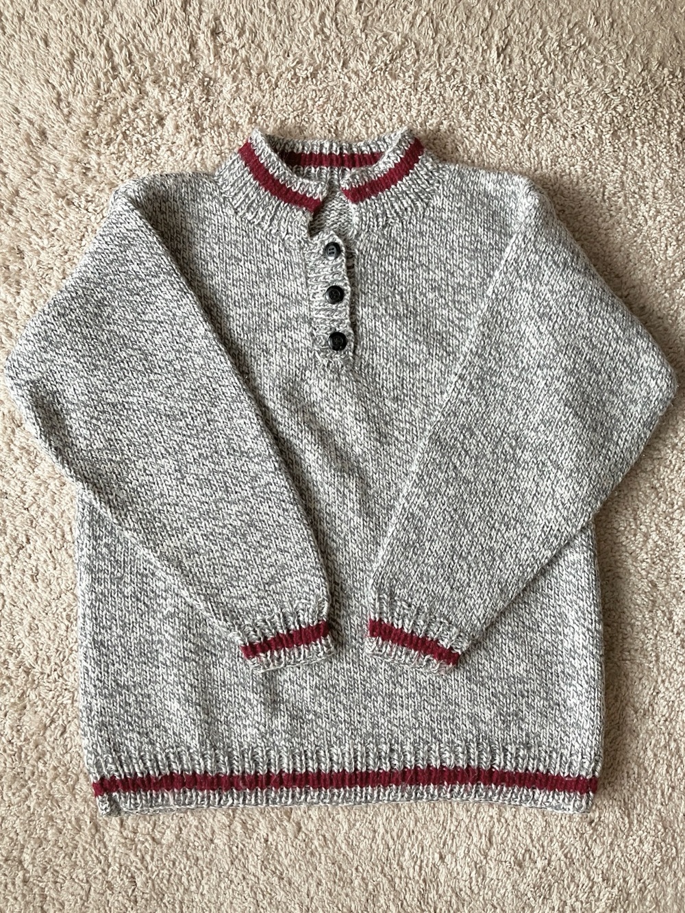 Vintage Youth Hand Knit Henley Sweater with Burgundy Trim